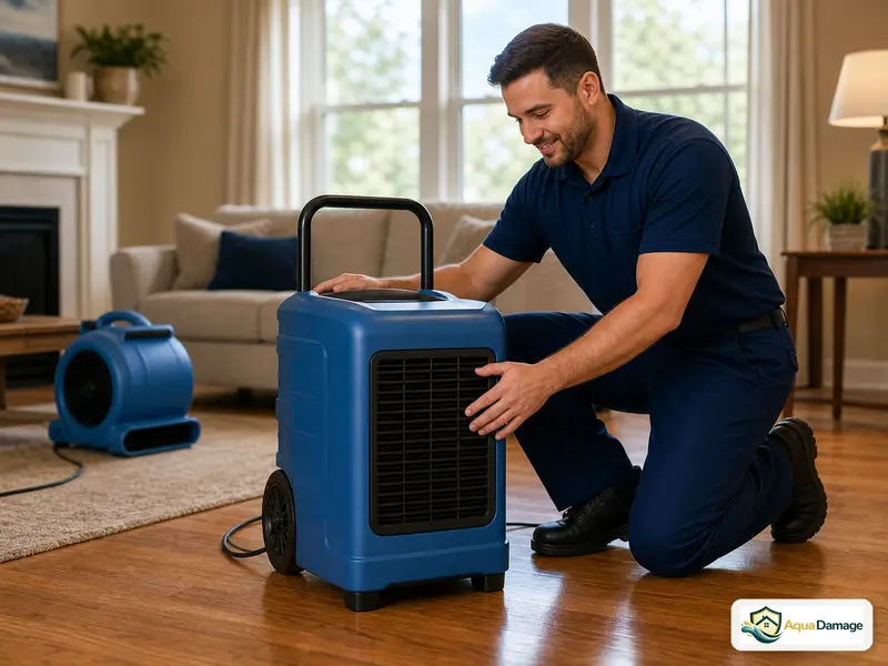 Aqua Damage technician adjusting professional drying equipment in a home