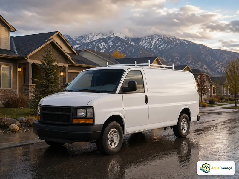 Aqua Damage service van in a Carson Valley neighborhood beneath the Sierra Nevada