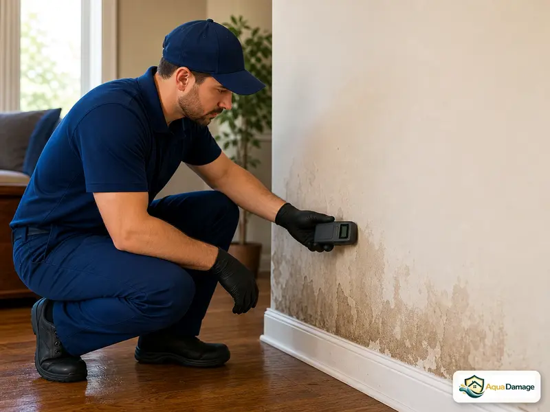 Technician checking moisture damage on a wall during the initial assessment
